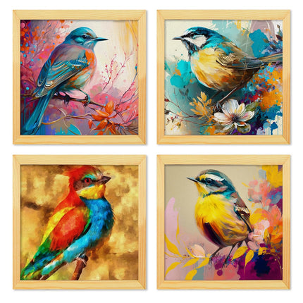 Floral Birds Theme Wall Art, Beautiful Artwork Frame Prints, Textured Posters for Living Room, Bedroom, Home Decor (Wooden- Design 5)