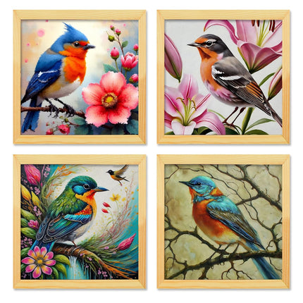 Floral Birds Theme Wall Art, Beautiful Artwork Frame Prints, Textured Posters for Living Room, Bedroom, Home Decor (Wooden- Design 3)