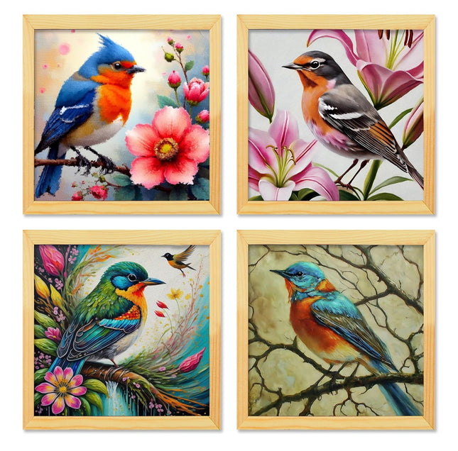 Floral Birds Theme Wall Art, Beautiful Artwork Frame Prints, Textured Posters for Living Room, Bedroom, Home Decor (Wooden- Design 3)
