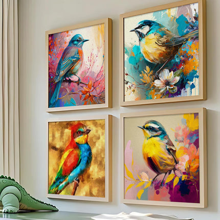 Floral Birds Theme Wall Art, Beautiful Artwork Frame Prints, Textured Posters for Living Room, Bedroom, Home Decor (Wooden- Design 5)
