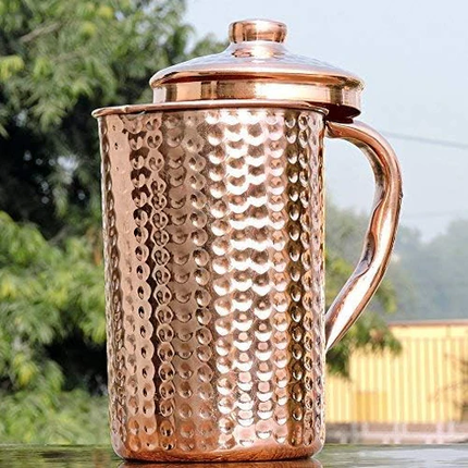 FINDOSOM Pure Copper Hammered Water Jug UNLINED, UNCOATED and LACQURE FREE (Copper Pitcher) for Ayurveda Health Benefits - 1500 Ml