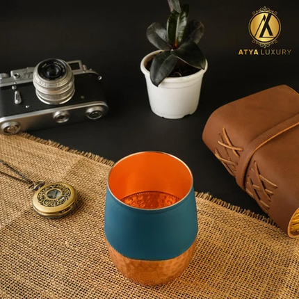 FINDOSOM Blue Copper Glass, Pure Copper Water Glass, Green Half Hammered Dholak Tumbler 250ml